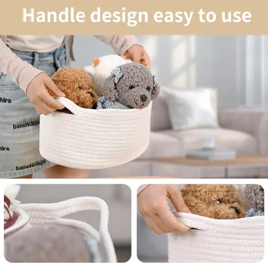 Cute Woven Storage Basket with Handle, Container for Gifts Empty, Decorative Organizer Bins Box for Pet Dog Toys Baby Essentials Snack Diaper Towel {4}