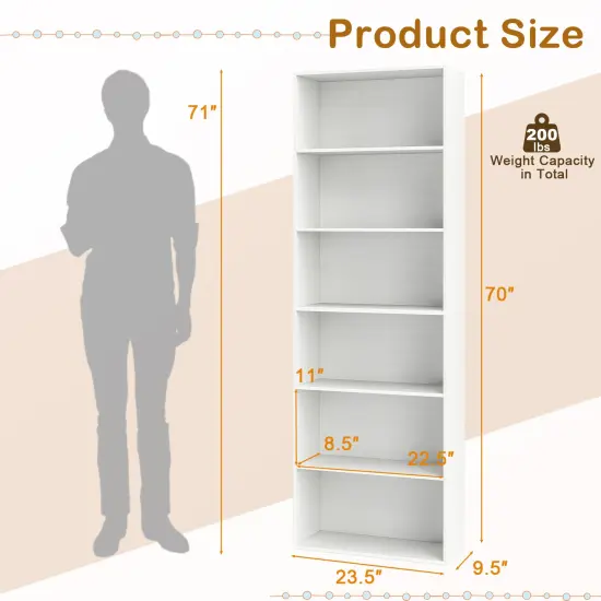 6-Tier Bookcase with 6 Open Shelves and Anti-Toppling Kits White {5}