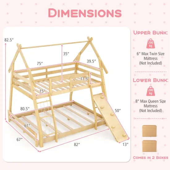 Twin Over Queen Bunk Bed Wooden Kids Bed with Climbing Nets and Ramp-Natural {4}