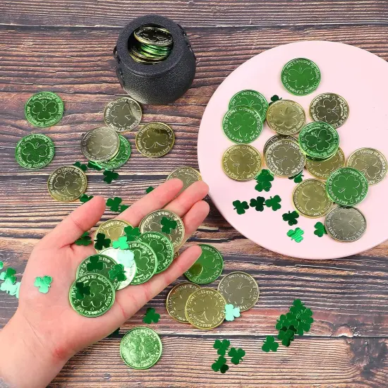St. Patrick's Day Table Decorations, 120 Pcs Plastic Good Luck Coins and 1 Oz Shamrock Clover Confetti Sprinkles for Irish Party Decoration Favors Supplies {3}
