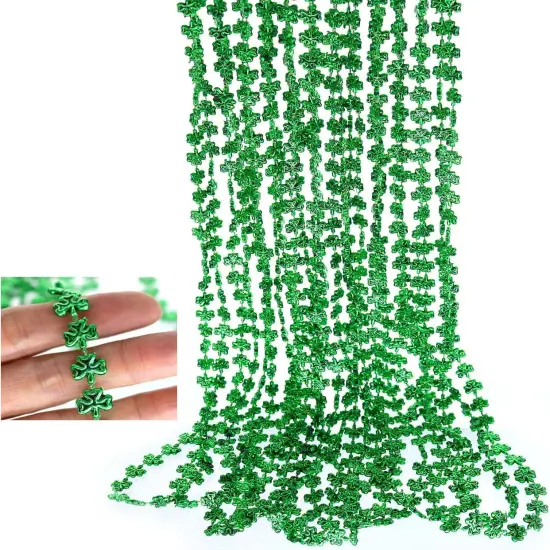 12 pack of 33 St. Patricks Day Shamrock bead Necklaces, Mardi Gras Bead Necklaces, Matellic Green Shamrock Clover Bead Necklaces, Party Beads, Costume Jewelry {1}