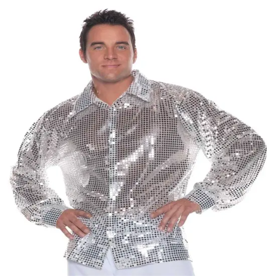 SILVER DISCO SHIRT sequin metallic 70s retro adult mens top halloween costume {1}
