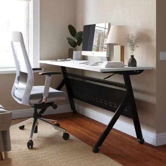 Emma and Oliver Griffin Heavy-Duty Flip Top Training Table with Nesting Design, Privacy Panel, Y-Legs, Tabletop, Metal Frame WhiteTop/BlackFrame {1}