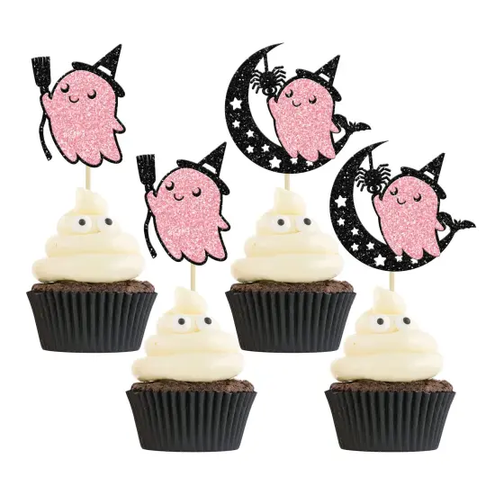24 Pieces Pink Halloween Cupcake Toppers Pink Ghost Little Boo Cake Toppers Decorations for Pink Girl Halloween Birthday Baby Shower Party Supplies {2}