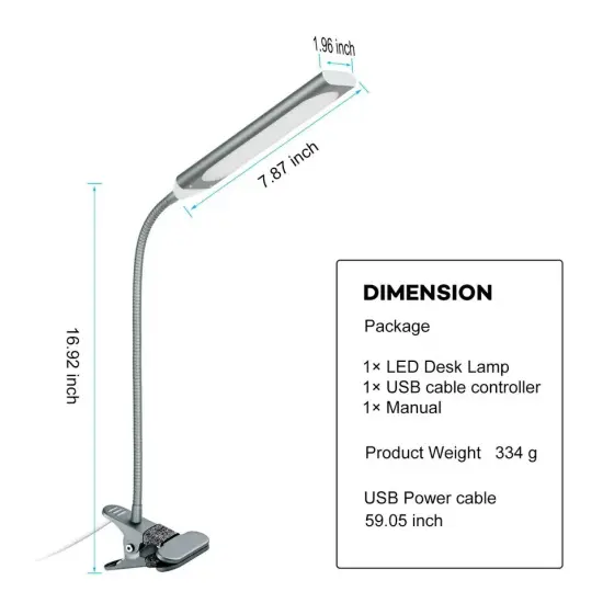 USB Clip-On Led Desk Lamp Dimmable Metal Gooseneck Adjustable Brightness Light {2}