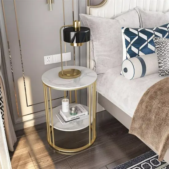 Modern Round Side Table End Table Marble Top Metal Ring-Shape Frame White & Gold {2}
