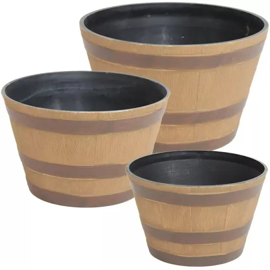 Resin Rustic Cask Outdoor Planter 13 in, 15 in, 17 in - Set of 3 {4}