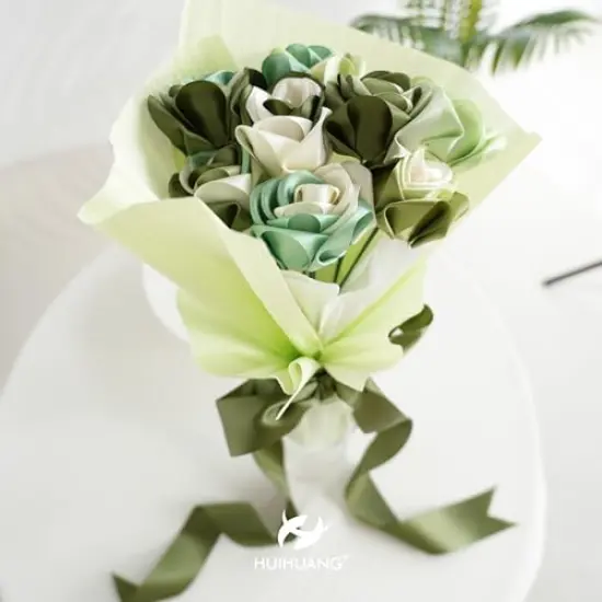 6 Rolls Sage Green Ribbon 1-1/2 inch Light Sage/Dusty Sage/Moss Green/Antique White Satin Ribbon Set for Flower Bouquet, Gift Wrapping, Hair Bows, Crafts, Eternal Flowers- {5}