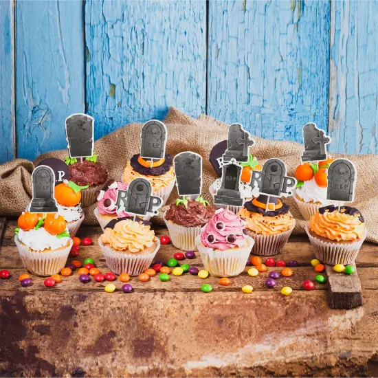 36 Pieces Halloween Cupcake Toppers 6 Designs Tombstone Graveyard Cake Toppers Scary Cupcake Decoration Table Centerpiece Sticks Appetizer Picks for Halloween Party Supplies {4}