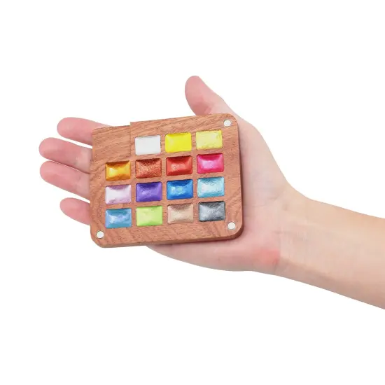 SoHo Urban Artist Mini Wooden Travel Watercolor Palette of 15 Metallic Colors - Professional Watercolor Paint Set for Plein Air Artists, Semi-Moist Pans, Pocket-Sized Magnetic Wood Case with Mixing Area {4}