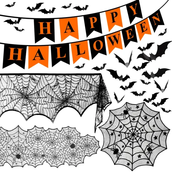 60 Pieces Halloween Decorations Indoor Set , - Halloween Fireplace Mantel Scarf & Round Table Cover & Lace Table Runner &Halloween Banner & Scary 3D Bat for Halloween Party Decorations Black {3}