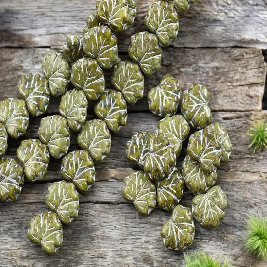 *12* 13x11mm Silver Washed Opaque Olive Travertine Maple Leaf Beads {1}