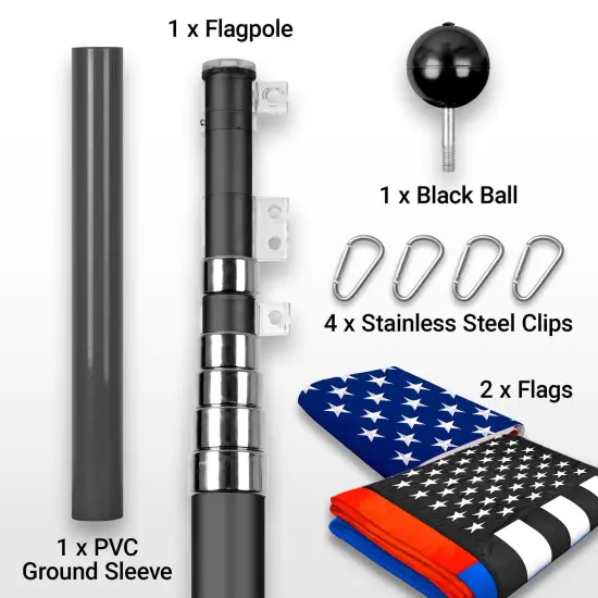 G128 Combo Pack: 20 Ft Telescoping Aluminum Flagpole (Black) & American and Thin Blue Red Line Flags 3x5 Ft, Both ToughWeave Series Embroidered Polyester | Pole with Flags Included {2}