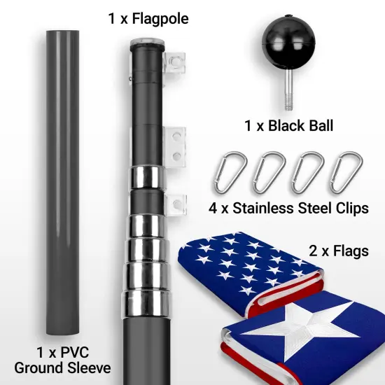 G128 Combo Pack: 25 Ft Telescoping Aluminum Flagpole (Black) & American and Texas Flags 3x5 Ft, Both StormFlyer Series Embroidered 220GSM Spun Polyester | Pole with Flags Included {2}