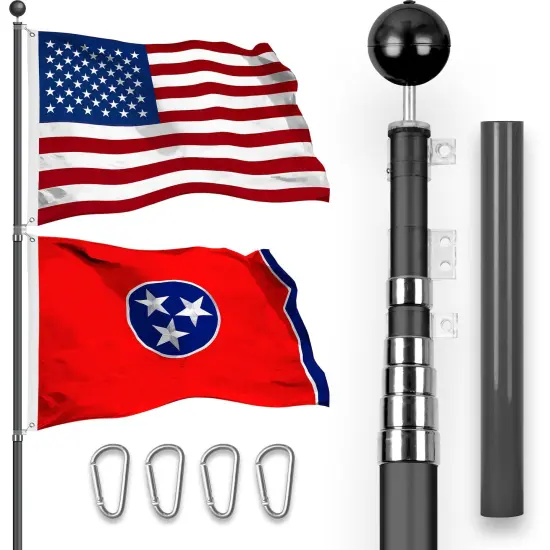 G128 Combo Pack: 25 Ft Telescoping Aluminum Flagpole (Black) & American and Tennessee Flags 3x5 Ft, Both StormFlyer Series Embroidered 220GSM Spun Polyester | Pole with Flags Included {1}