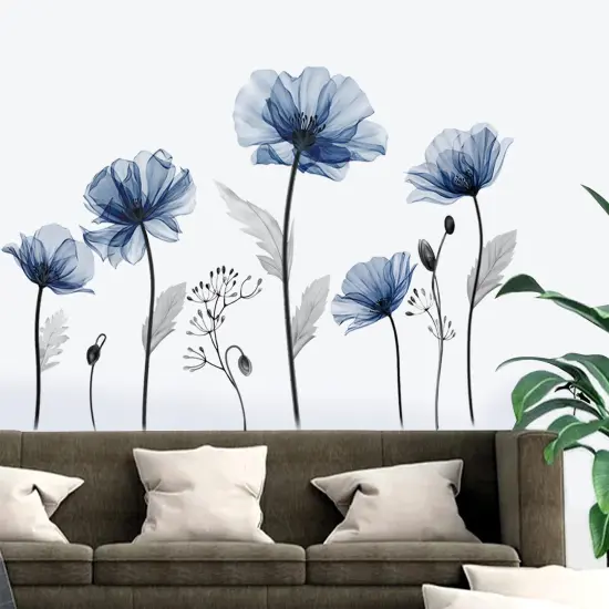 decalmile Large Blue Flower Wall Decals Floral Plants Wall Stickers Bedroom Living Room Kitchen Wall Decor Gifts for Mom {1}