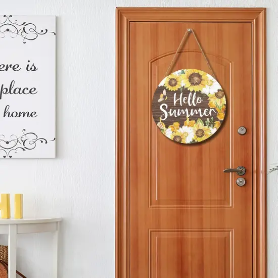 Hello Summer Sign 12 x 12 Inch Summer Themed Sunflower Welcome Sign Front Door Decor Farmhouse Porch Decoration Sunflower Round Wooden Hanging Sign for Home Garden Farmhouse Yard {5}