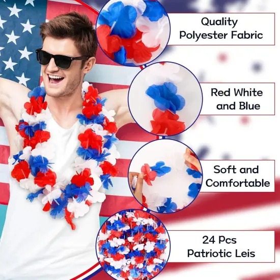 24 Pack Patriotic Leis Red White and Blue Flower Leis, 4th of July Garlands Hawaiian Luau Flower Necklaces Bulk for Fourth of July, Memorial Day, Independence Day Decorations Party Favors {2}