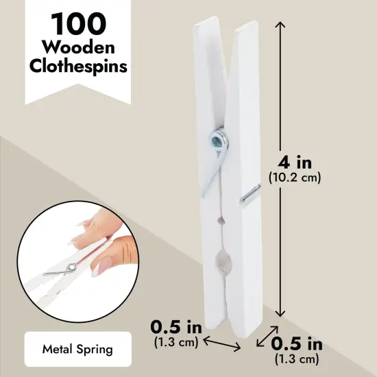100 Pack Wooden Clothespins for Hanging Laundry, Crafts, Photos (White, 4 In) {5}
