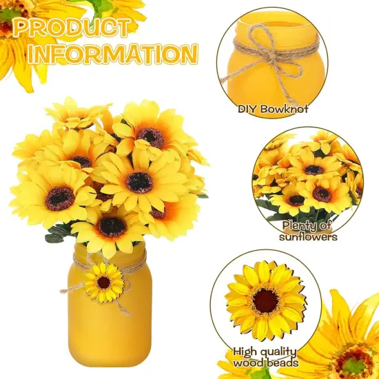13 Pcs Mason Jar Summer Table Decor, Centerpieces for Tables with Artificial Flowers and Garland, Summer Table Centerpiece for Home Dining Kitchen Decorations Indoor(Bright Sunflower) {4}