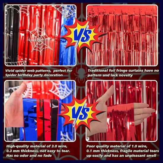 Spider Web Birthday Decorations, 2 Pack Spider Party Supplies 3.3x6.6ft Tinsel Foil Fringe Curtains, Red Black, and Blue Photo Booth Prop Backdrop Streamer, Birthday Decor, Party Decor for Boys {4}