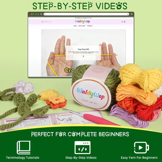 Crochet Kit for Beginners - 8 Flower Bookmarks Crocheting Kit w/Step-by-Step Video Tutorials & Soft Yarn and Hooks - Wobbles Crochet Starter Kit for Adults Kids, Birthday Gifts for Women Mom {3}