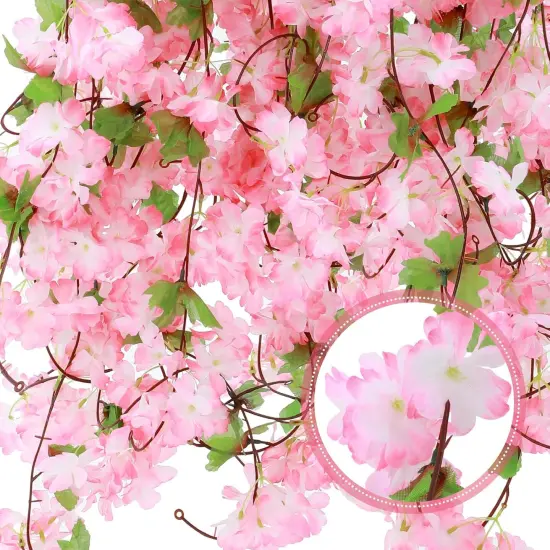 12 Pcs Artificial Cherry Blossom Flower Vines Bulk Faux Cherry Hanging Garland Pink Flower Vines Silk Pink Flowers Garland with Green Leaves for Party Decor (Totally 92.5 Feet) {5}