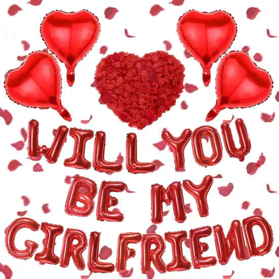 Will You Be My Girlfriend - Letter Foil Balloons Decorations 4 Pcs Red Heart Balloon and 500 Pcs Artificial Rose Petals For Proposal Wedding Valentine Day Decor Supplies {1}