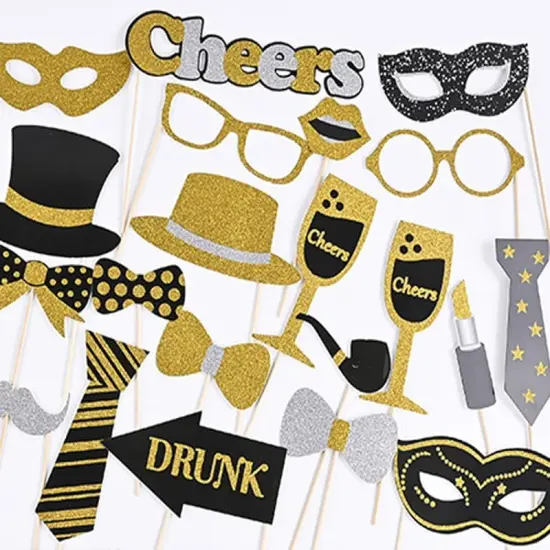 30 Pieces Black Golden Photo Booth Props for Birthday Wedding New Year Party,Mix of Hats, Mask, Lipstick, Tie, Crowns and More Funny Selfie Props {2}