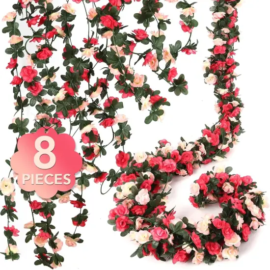 8 Pcs 65.6FT Summer Flower Garland,Rose Garland,Pink Flower Garland,Flower Garland Decorations,Flower Vines for Decoration, Wedding, Garden, Wall Decoration,Backdrop,Bedroom,Birthday Party {1}