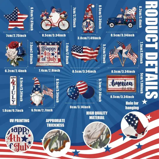 36 Pcs 4th of July Ornaments for Tree Patriotic Wooden American Flag Ornaments Memorial Day Tree Decorations Red White Blue Hanging Decorations for Independence Day Party(Classic) {3}