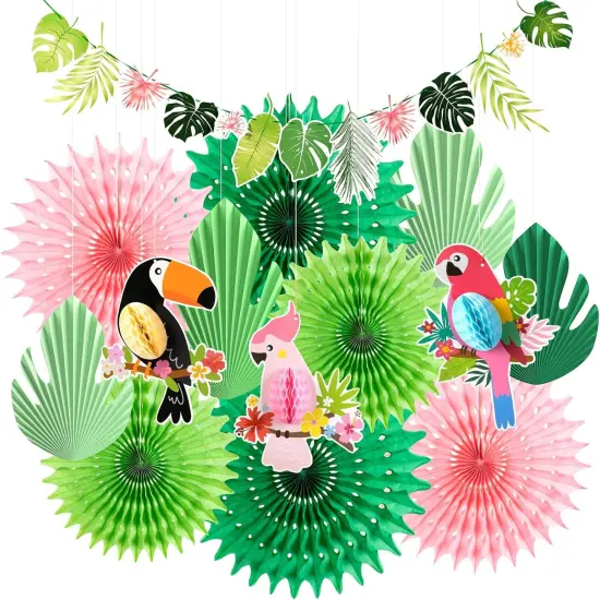 Green Pink Hanging Paper Fans for Tropical Party Decorations Tropical Bird Toucan Leaf Garland Party Kit for Summer Hawaiian Luau Tiki Tropical Jungle Themed Party Decorations {1}
