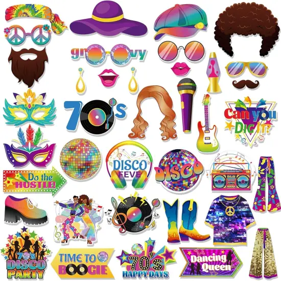 37 PCS 70s Photo Booth Props - 70s Party Decor, Disco Props & Backdrop {1}
