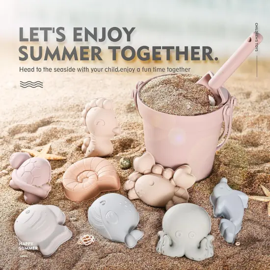 11Pcs Summer Silicone Beach Toys,Modern Baby Beach Toys,Travel Friendly Beach Set,Silicone Bucket, Shovel, 8 Sand Molds, Beach Bag,Silicone Sand Toys for Toddlers, Kids (Pink) {3}