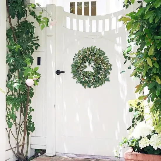 22 inch Artificial Summer Wreath for Front Door Evergreen Eucalyptus Decoration Wreath with Berries Home Party Indoor Outdoor All Season Decor {5}