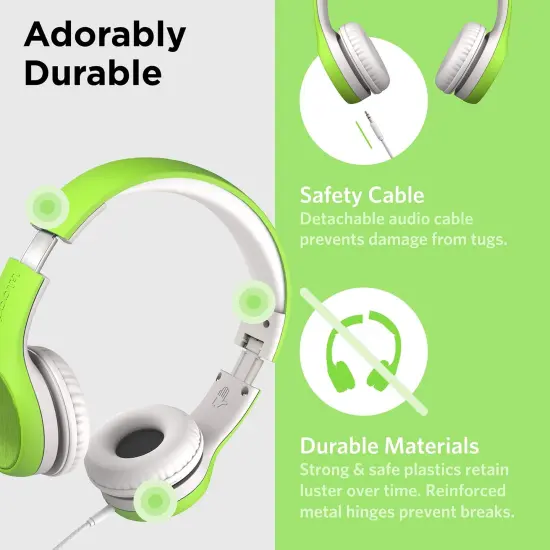 LilGadgets Connect+ Style On-Ear Kids Headphones with Microphone - SharePort Technology, SoftTouch Padding, Detachable Cable, Noise Reduction, Durable & Adjustable - Green, Ages 3-14 {3}