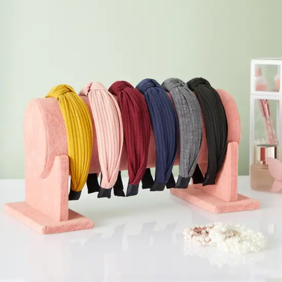 Headband Holder Organizer for Girls and Women, Pink Velvet Display Stand and Storage for Hair Tie Accessories, Bracelets 12.2 x 6.5 x 6.7" {2}