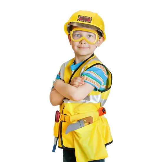 Kids Role Play Costume Set - 10-Piece Construction Worker Costume for Kids, Builder Dress Up Kit with Hard Hat, Tool Belt, Vest, and Other Accessories for Halloween Dress Up & Play, For Ages 3-14 Multicolor {3}