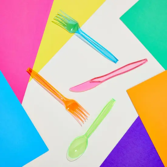Rainbow Plastic Silverware Set, Neon Forks, Knives, and Spoons (144 Pieces) Multicolor {3}