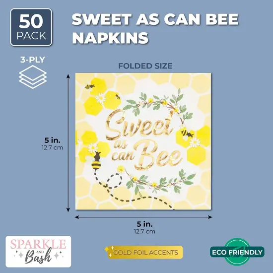 Baby Shower Paper Napkins, Bumble Bee Theme (5 x 5 Inches, 50 Pack) Gold {2}