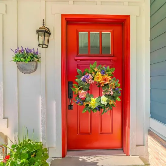 22 Inch Lighted Summer Floral Wreath for Front Door,Dahlia Pinnata, Roses, Eucalyptus Leaves, Peony, Mixed Flowers,Artificial Wreath for Front Door Summer Outdoor Home Decor {5}