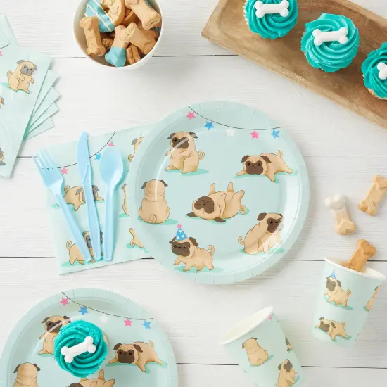 144 Piece Pug Party Supplies, Dog Birthday Decorations with Paper Plates, Napkins, Cups, and Cutlery (Serves 24) Blue {2}