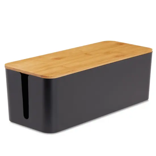 Box for Cable Management, 1 Large ABS Cord Organizer Box with Bamboo Lid, Black {5}
