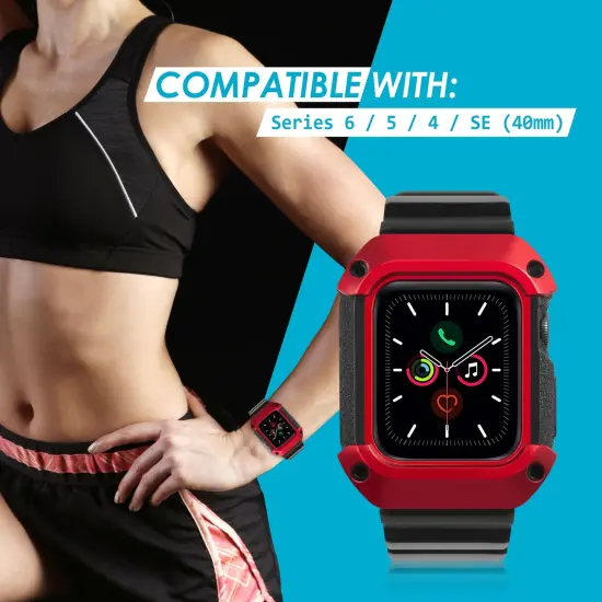Insten Watch Band with Rugged Bumper Case Compatible with Apple Watch 40mm Series 6 SE 5 4, Replacement Strap, Black/Red {5}