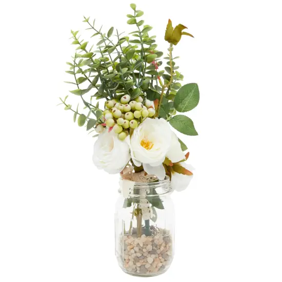 White Silk Roses, Eucalyptus and Berry Bridal Bouquet, Wedding Centerpiece (15.7x7 In) {5}