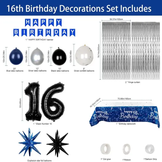 16th Birthday Decorations for Boys and Girls, Blue and Silver 16th Birthday Party Decorations, HAPPY BIRTHDAY Banner Black Number 16 Balloons Garland 16 Years Old Bday Party Supplies with Tablecloth {3}
