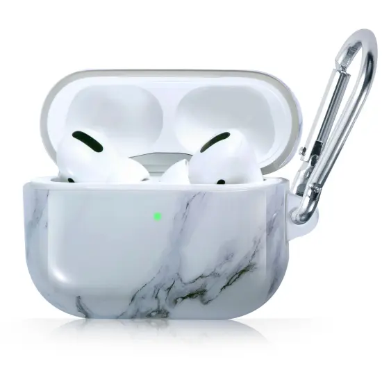 Marble Case Compatible with Airpods Pro, Glossy Soft TPU Protective Smooth Cover with Portable Keychain, Supports Wireless Charging, Shockproof & Anti-Scratch, Shinny White Marble by Insten {1}