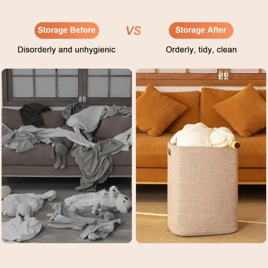 Laundry Hamper, Rectangle Cotton Laundry Basket with Handles, Large Blanket Basket for Living room, Woven Decorative Storage {5}
