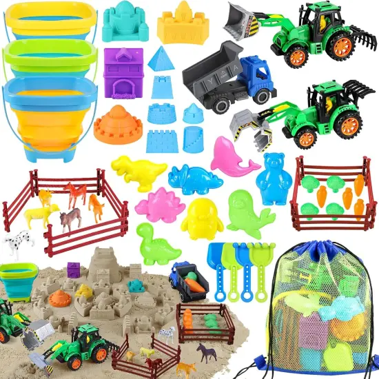 Summer Beach Toys, 45Pcs Farm Playset, Collapsible Sand Toys with Sand Buckets and Tractor Toy Set, Sand Castle Building Kit, Farm Toys, Animal Toys, Mesh Bag, Travel Beach Toys for Kids Ages 4-8 {1}