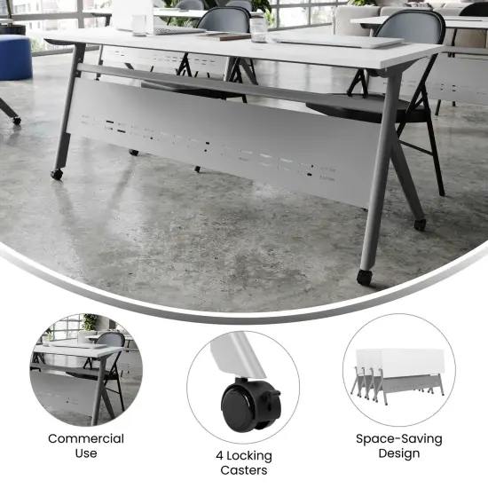 Emma and Oliver Griffin Heavy-Duty Flip Top Training Table with Nesting Design, Privacy Panel, Y-Legs, Tabletop, Metal Frame White Top/Gray Frame {3}